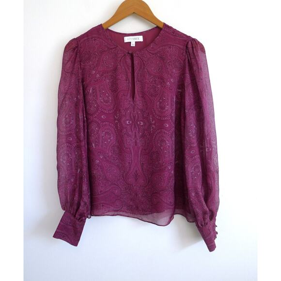 INTERMIX Kiera Silk Paisley Print Blouson Sleeve Keyhole Blouse Top L $228 - Picture 4 of 14